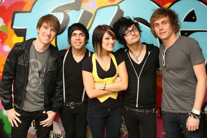 Musicians Elliott James, Mike Gentile, Cassadee Pope, Jersey Moriarity and Alex Lipshaw of the band Hey Monday visit fuse's "No. 1 Countdown" at fuse Studios on July 9, 2009 in New York City.