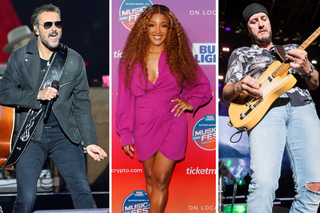 A side-by-side image of 2022 ACM snubs Eric Church, Mickey Guyton and Luke Bryan.