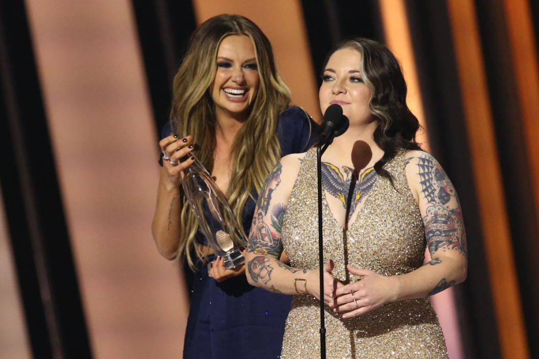 Carly Pearce and Ashley McBryde speak on stage during the 55th annual Country Music Association awards at the Bridgestone Arena on November 10, 2021 in Nashville, Tennessee. (Photo by Terry Wyatt/Getty Images)