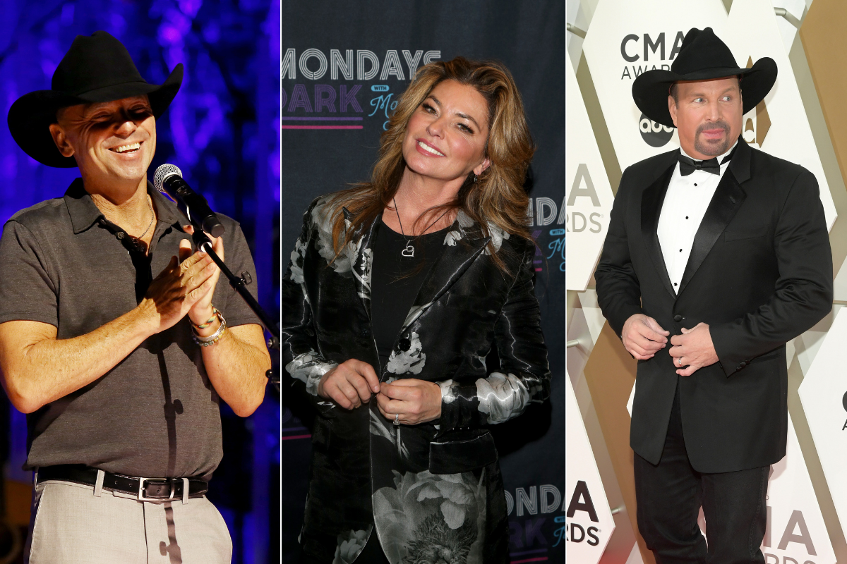Kenny Chesney performs onstage for the 2021 Medallion Ceremony / Shania Twain attends the eighth anniversary celebration of Mondays Dark / Garth Brooks attends the 53rd annual CMA Awards