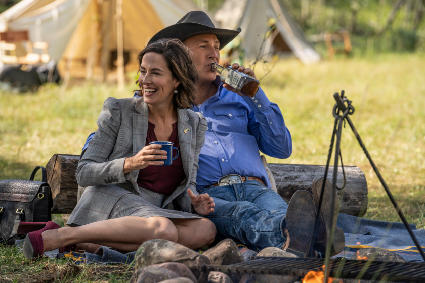 Wendy Moniz-Grillo as Governor Perry and Kevin Costner as John Dutton on 'Yellowstone'