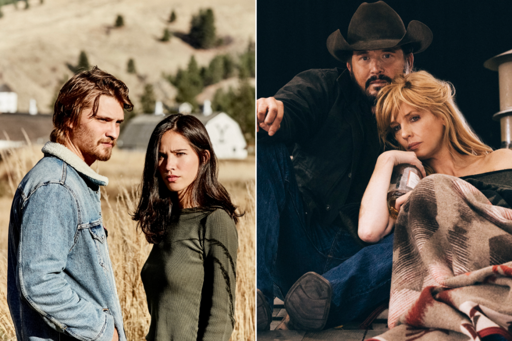Luke Grimes as Kayce Dutton and Kelsey Asbille as Monica Dutton on 'Yellowstone' / Cole Hauser as Rip Wheeler and Kelly Reilly as Beth Dutton on 'Yellowstone'