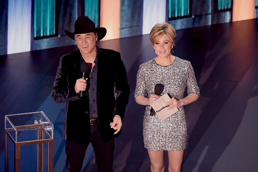 Clint Black and Lisa Hartman Black speak onstage during the 55th Academy of Country Music Awards