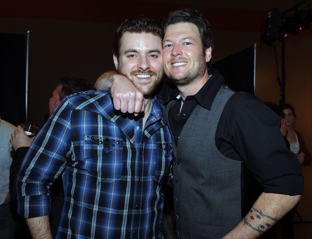 Recording Artists Chris Young and Blake Shelton backstage during the Academy Of Country Music CRS Music City Jam Featuring Blake Shelton And Friends on March 2, 2011 in Nashville, Tennessee.