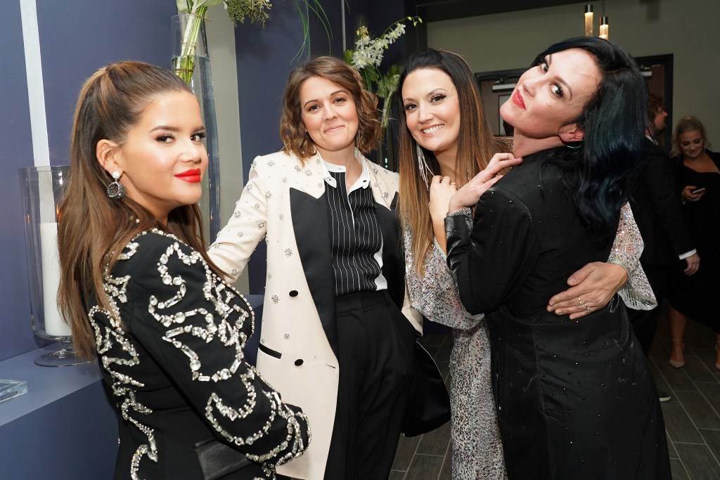 NASHVILLE, TENNESSEE - NOVEMBER 12: (L-R) Maren Morris, Brandi Carlile, Natalie Hemby and Amanda Shires of The Highwomen perform onstage  as BMI presents Dwight Yoakam with President's Award at 67th Annual Country Awards Dinner at BMI on November 12, 2019 in Nashville, Tennessee. (Photo by Erika Goldring /Getty Images)