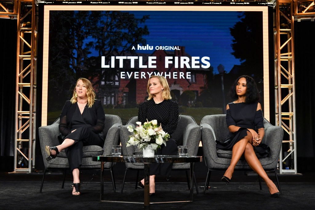 L-R) Liz Tigelaar, Reese Witherspoon, and Kerry Washington of "Little Fires Everywhere" speak during the Hulu segment of the 2020 Winter TCA Press Tour at The Langham Huntington, Pasadena on January 17, 2020 in Pasadena, California. 
