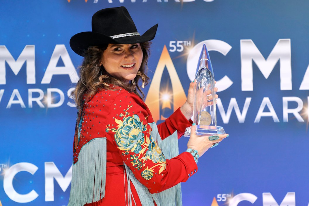 Jenee Fleenor poses with her award for the 55th annual Country Music Association awards at the Bridgestone Arena on November 10, 2021 in Nashville.