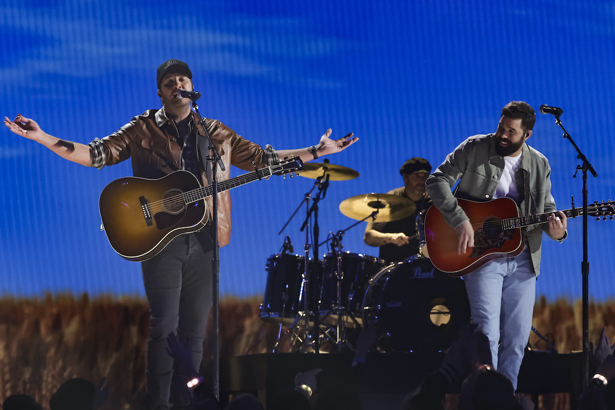Luke Bryan and Jordan Davis perform onstage during rehearsals for the 57th Academy Of Country Music Awards at Allegiant Stadium on March 05, 2022 in Las Vegas.