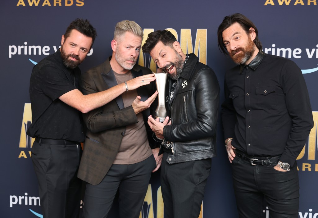 (L-R) Brad Tursi, Trevor Rosen, Matthew Ramsey and Geoff Sprung of Old Dominion, winners of the Group of the Year award, pose in the press room during the 57th Academy of Country Music Awards at Allegiant Stadium on March 07, 2022 in Las Vegas, Nevada. (Photo by Mike Coppola/Getty Images)