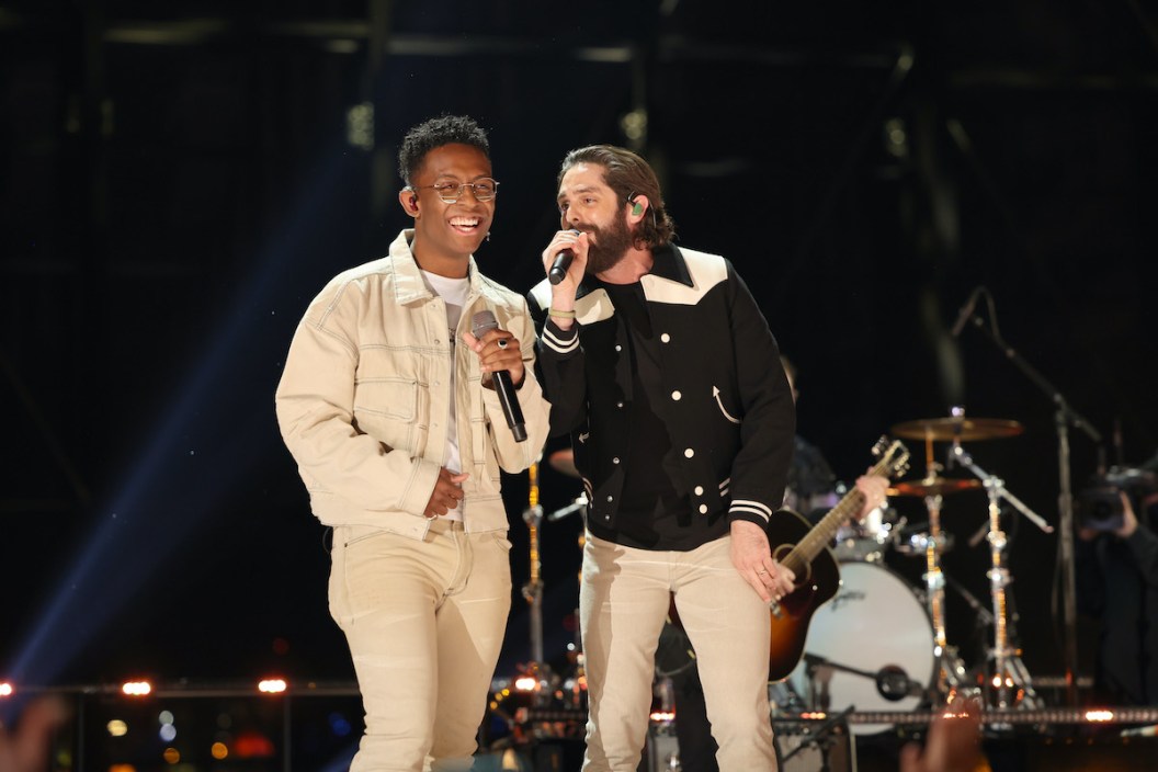 BRELAND and Thomas Rhett perform onstage during the 57th Academy of Country Music Awards at Allegiant Stadium on March 07, 2022 in Las Vegas.