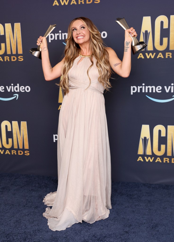 LAS VEGAS, NEVADA - MARCH 07: Carly Pearce, winner of Female Artist of the Year and Music Event of the Year, poses in the press room during the 57th Academy of Country Music Awards at Allegiant Stadium on March 07, 2022 in Las Vegas, Nevada. (Photo by Mike Coppola/Getty Images)