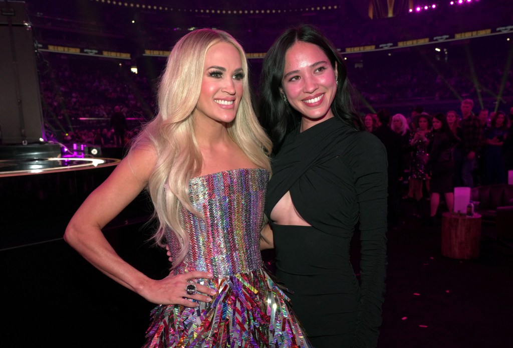 LAS VEGAS, NEVADA - MARCH 07: (L-R) Carrie Underwood and Kelsey Asbille pose during the 57th Academy of Country Music Awards at Allegiant Stadium on March 07, 2022 in Las Vegas, Nevada. (Photo by Kevin Mazur/Getty Images for ACM)