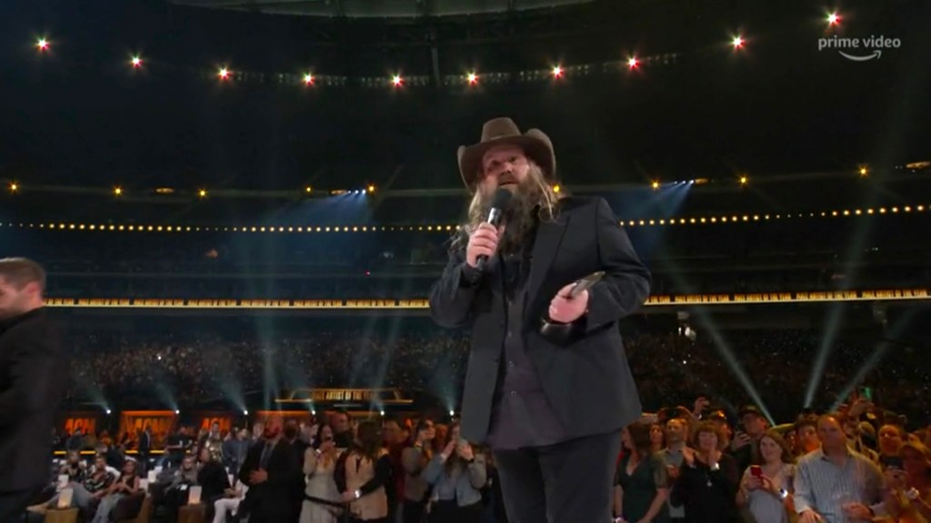LAS VEGAS, NEVADA - MARCH 07: In this screengrab, Chris Stapleton accepts the Male Artist of the Year Award onstage during the 57th Academy of Country Music Awards at Allegiant Stadium on March 07, 2022 in Las Vegas, Nevada. (Photo by Arturo Holmes/ACMA2022/Getty Images for ACM)