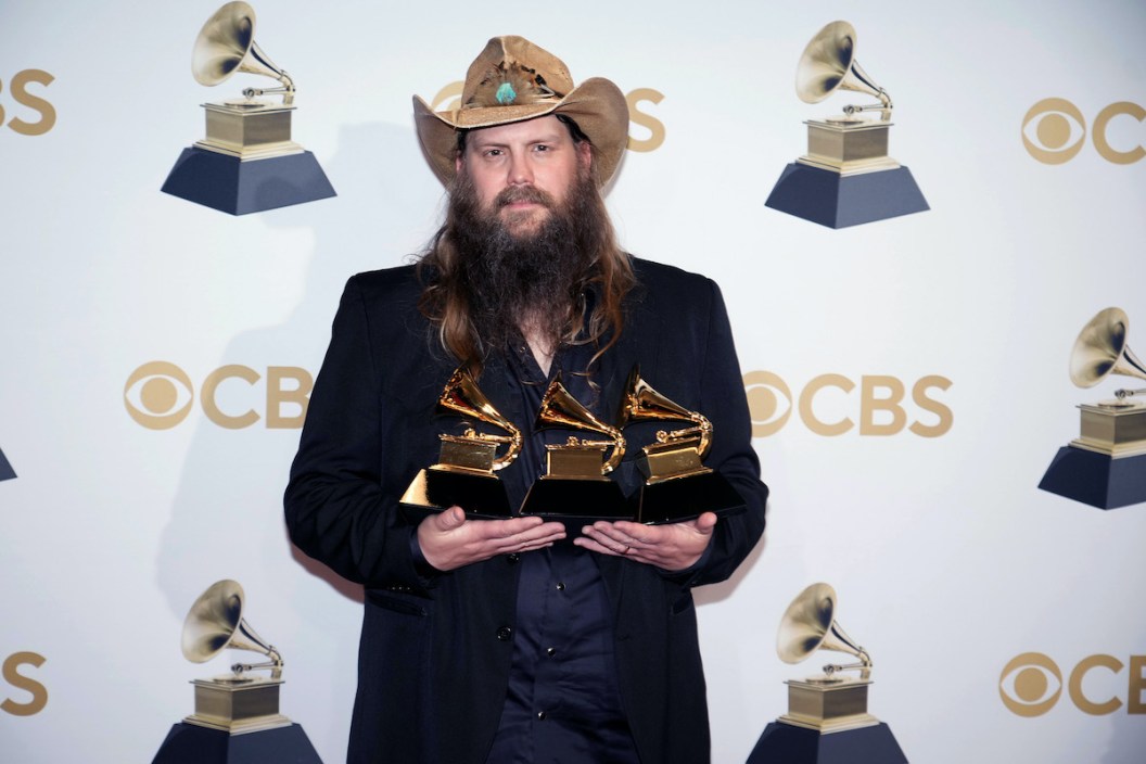 Chris Stapleton, winner of Best Country Solo Performance for "You Should Probably Leave," Best Country Song for "Cold" and Best Country Album for "Starting Over," poses in the press room during the 64th Annual GRAMMY Awards at MGM Grand Garden Arena on April 03, 2022 in Las Vegas, Nevada.