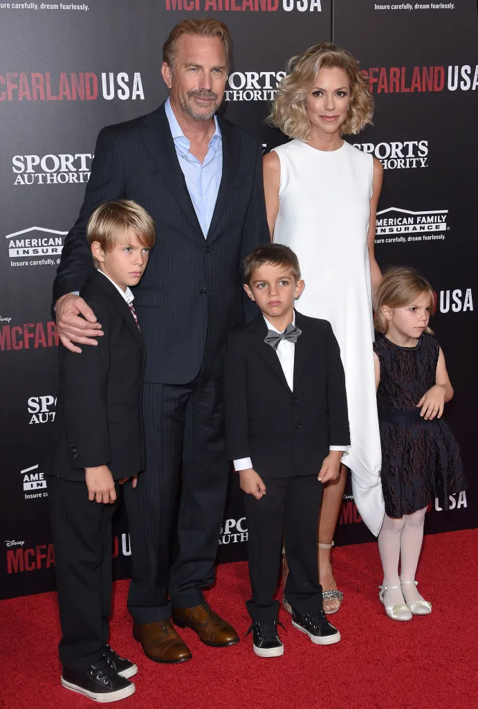 Actor Kevin Costner, wife Christine Baumgartner and children Grace Avery Costner, Hayes Logan Costner and Cayden Wyatt Costner arrive at the World Premiere of Disney's 'McFarland, USA' at the El Capitan Theatre on February 9, 2015 in Hollywood, California