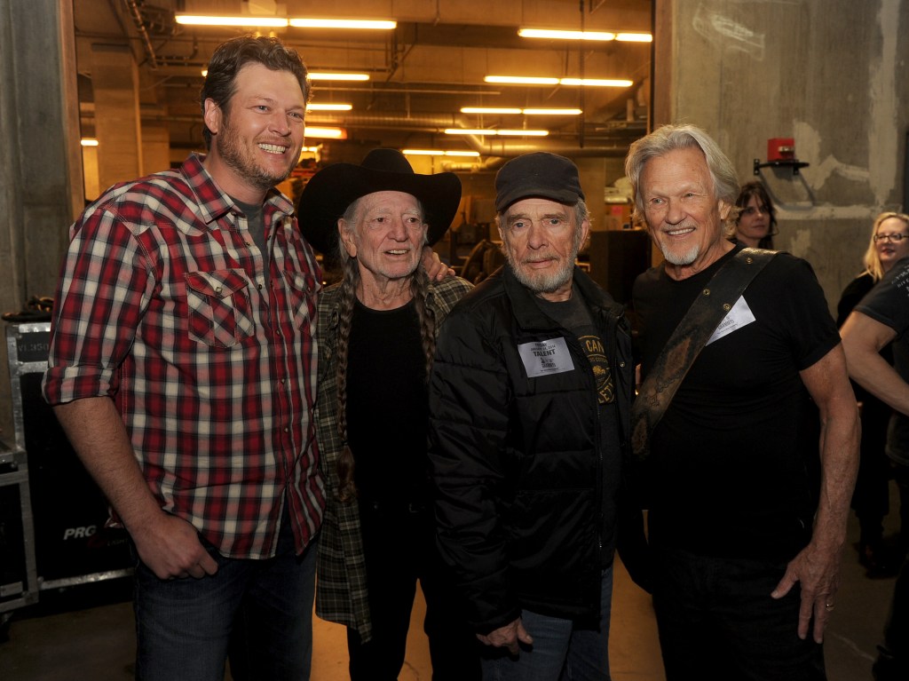 Recording artists Willie Nelson, Merle Haggard, and Blake Shelton pose backstage during the 56th GRAMMY Awards at Staples Center on January 24, 2014 in Los Angeles, California. 
