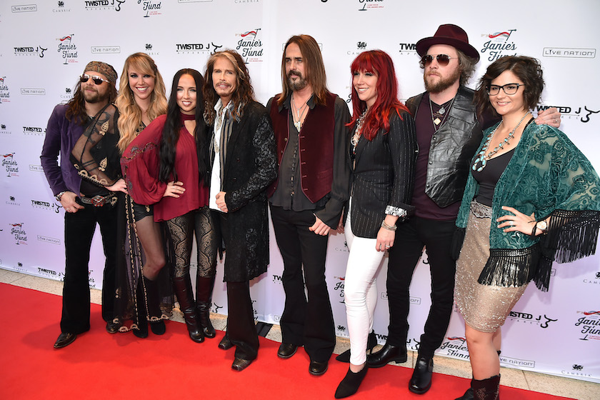 Steven Tyler (4th L) poses for a photo with members of Loving Mary at "Steven Tyler...Out on a Limb" Show to Benefit Janie's Fund in Collaboration with Youth Villages - Red Carpet at David Geffen Hall on May 2, 2016 in New York City. 