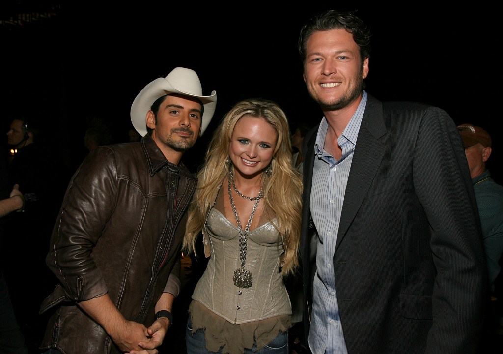 Musicians Brad Paisley, Miranda Lambert and Blake Shelton backstage at the 43rd annual Academy Of Country Music Awards held at the MGM Grand Garden Arena on May 18, 2008 in Las Vegas, Nevada.