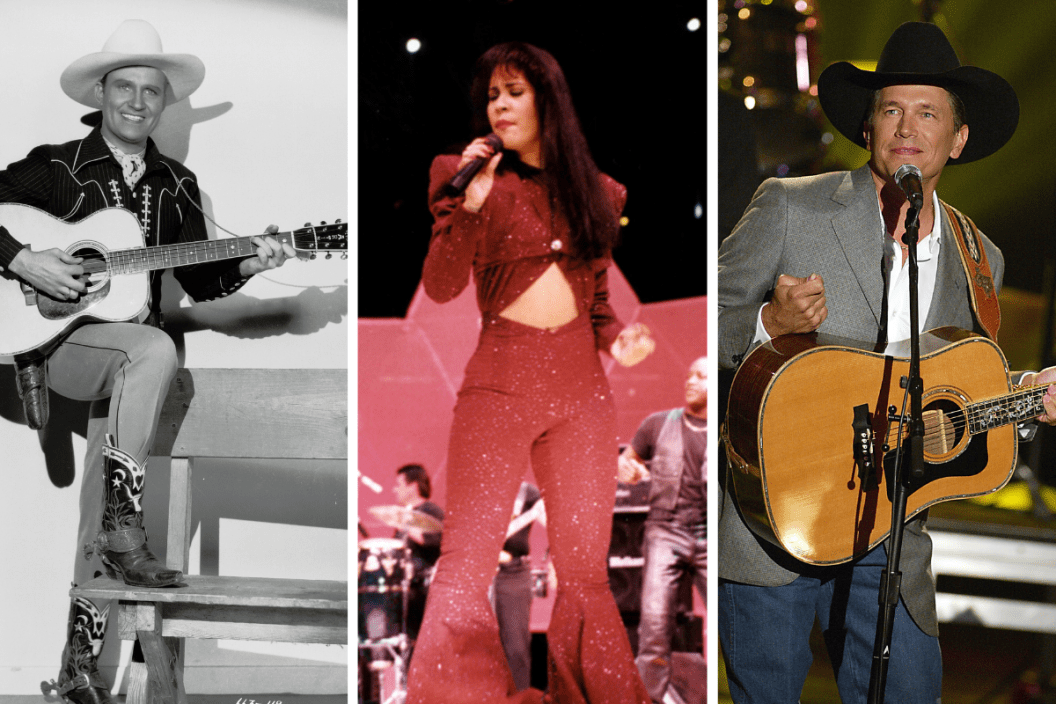American actor, composer and writer Gene Autry (1907 - 1998), B western star of the 30's and 40's. (Photo via John Kobal Foundation/Getty Images)/ American singer Selena (born Selena Quintanilla-Perez, 1971 - 1995) performs onstage during the Houston Livestock Show & Rodeo at the Houston Astrodome, Houston, Texas, February 26, 1995. The performance was her last before her murder the following month. (Photo by Arlene Richie/Getty Images)/ George Strait performs at The 37th Annual Academy of Country Music Awards held at the Universal Amphitheatre in Los Angeles, Ca., May 22, 2002. (photo by Kevin Winter/Getty Images)