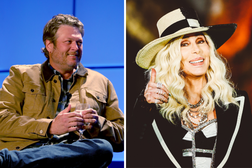 Side-by-side of Blake Shelton, at the 2022 Country Radio Seminar in Nashville, and Cher