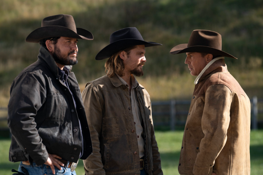 Cole Hauser as Rip Wheeler, Luke Grimes as Kayce Dutton and Kevin Costner as John Dutton. Episode 9 of Yellowstone - “Meaner than Evil”