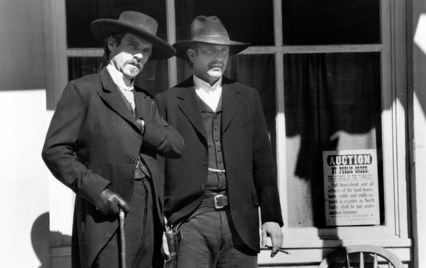 Actors Dennis Quaid (left) and Kevin Costner star in the film 'Wyatt Earp'
