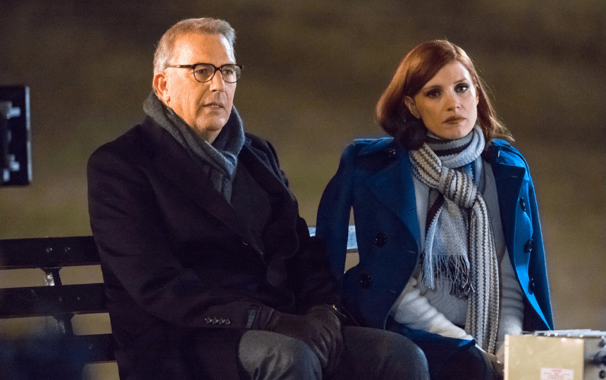 Kevin Costner and Jessica Chastain are seen filming 'Molly's Game' in Central Park