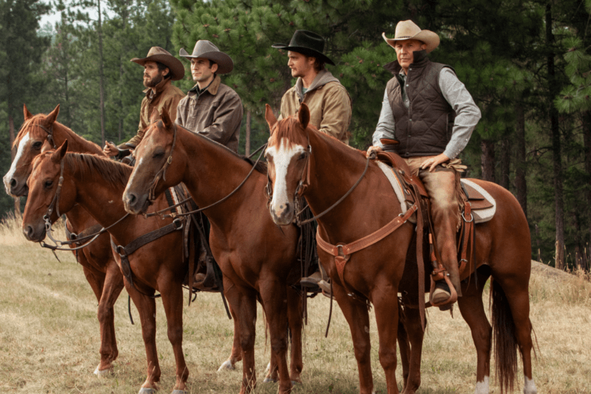 Dave Annable as Lee Dutton, Wes Bentley as Jamie Dutton, Luke Grimes as Kayce Dutton, and Kevin Costner as John Dutton in scene from 'Yellowstone'