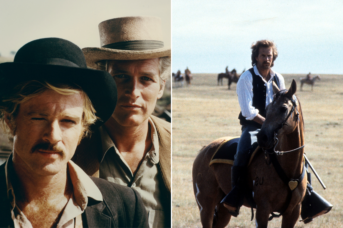 Robert Redford (left) as The Sundance Kid and Paul Newman as Butch Cassidy in a publicity still for the western film 'Butch Cassidy and the Sundance Kid', 1969 / Kevin Costner riding a horse on a wide open plain in a scene from the film 'Dances With Wolves', 1990