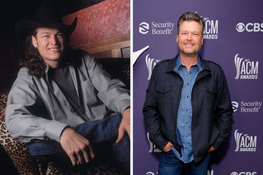 Portrait of American Country musician Blake Shelton as he poses at Magnum's nightclub, Chicago, Illinois, December 4, 2001. / Blake Shelton attends the 56th Academy of Country Music Awards at the Grand Ole Opry on April 18, 2021 in Nashville, Tennessee.