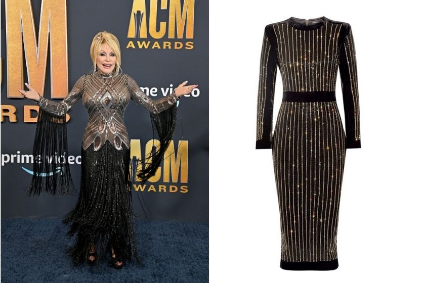 Dolly Parton attends ACM Awards/ long-sleeve black and gold Amazon dress