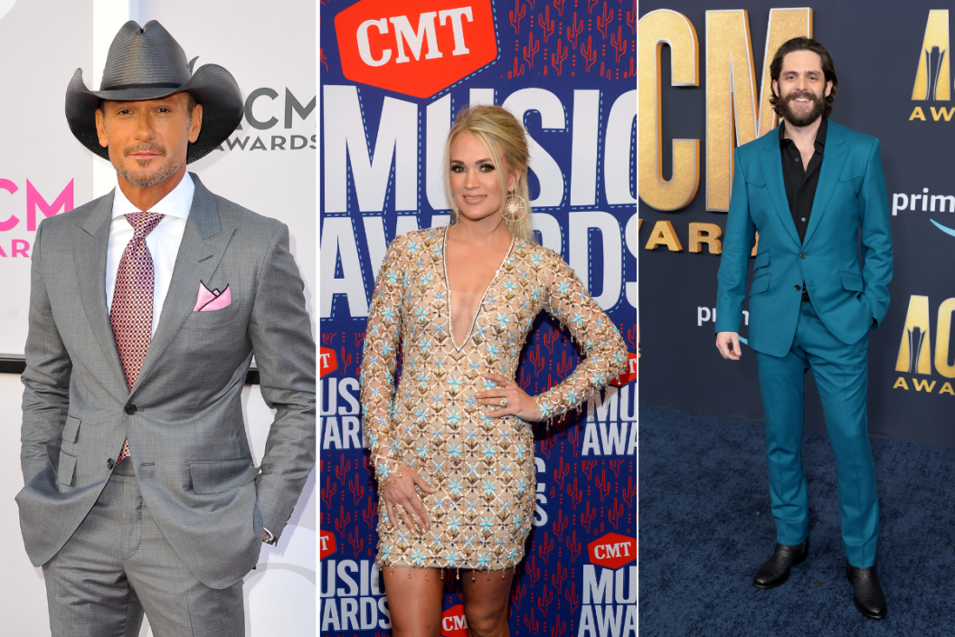 Tim McGraw arrives at the 52nd Academy Of Country Music Awards / Carrie Underwood attends the 2019 CMT Music Awards at Bridgestone Arena / Thomas Rhett attends the 57th Academy of Country Music Awards at Allegiant Stadium