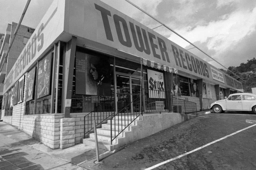Exterior view of the Tower Records on Sunset Boulevard in 1974 in Los Angeles, California.