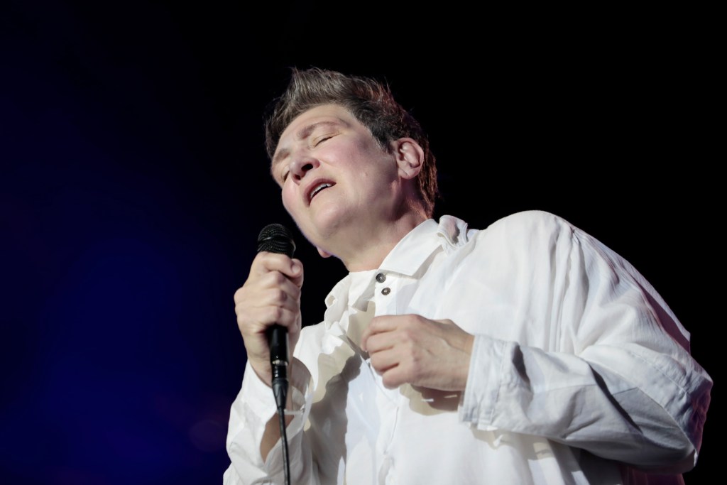  k.d. lang performs during Fire Fight Australia at ANZ Stadium on February 16, 2020 in Sydney, Australia