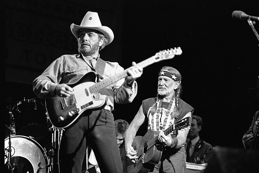 Country musician Merle Haggard performs with a Fender Telecaster with Willie Nelson in August 26, 1988.