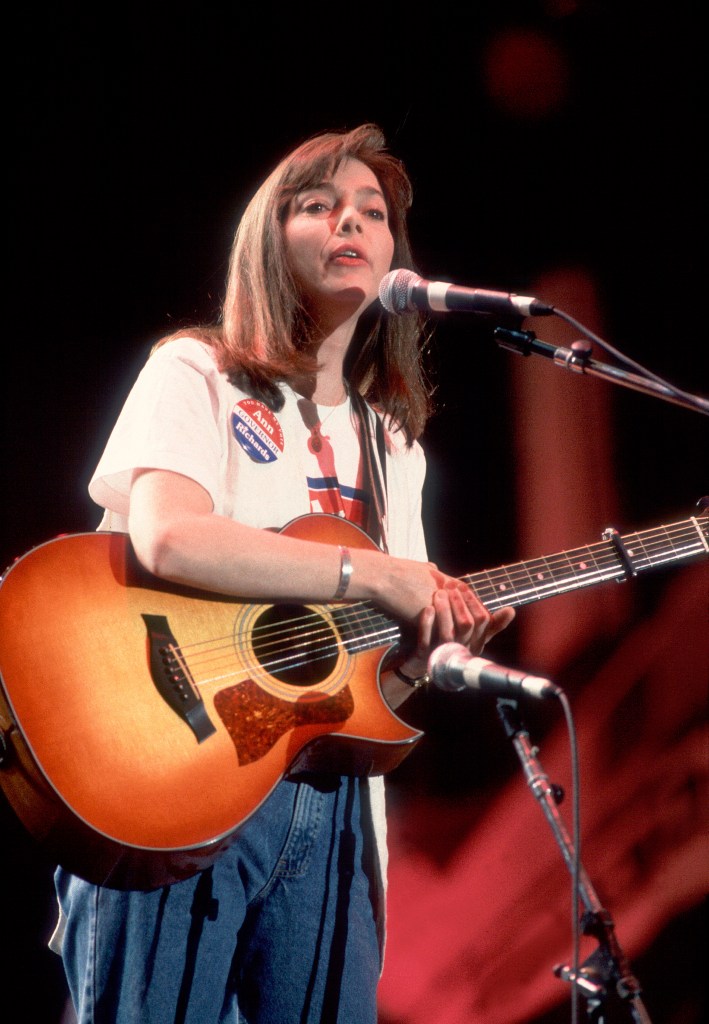 American Folk and Country musician Nanci Griffith performs onstage at the Hoosier Dome during the Farm Aid benefit concert, Indianapolis, Indiana, April 7, 1990.
