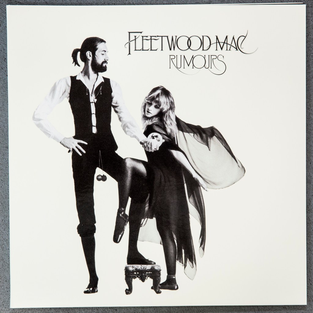 A sample of a Stoughton Printing Co., vinyl album jacket, this is an "old style" gatefold, with an embossed front cover (raised lettering), and spot uv coating (high gloss coating), for the re-issue of Fleetwood Mac's, "Rumours," photographed at their company headquarters in City of Industry, May 20, 2014. Stoughton is a family-run business celebrating 50 years, as is known as one of the largest printers of jackets for vinyl LP record.