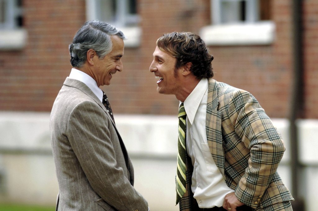  Actors David Strathairn (L) and Matthew McConaughey talk during filming of the upcoming film "We Are... Marshall" on the Marshall University campus April 21, 2006 in Huntington, West Virginia. The movie is the story of the recovery that followed the 1970 Marshall University football team plane crash that killed 75 people. McConaughey stars as Jack Lengyel, who coached the Thundering Herd football team for four years after the crash.