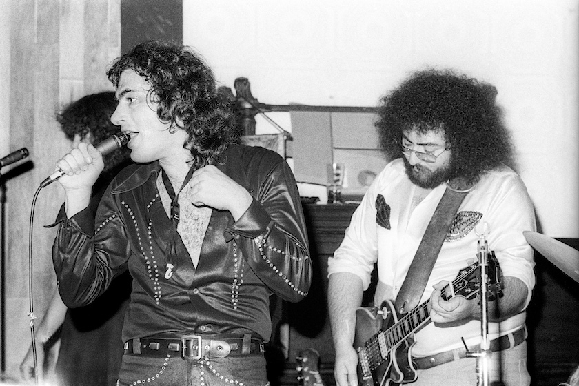 Nick Chavin aka Chinga Chavin and guitarist Johnny Erokan perform with Country Porn on April 1, 1978 in San Rafael, California.