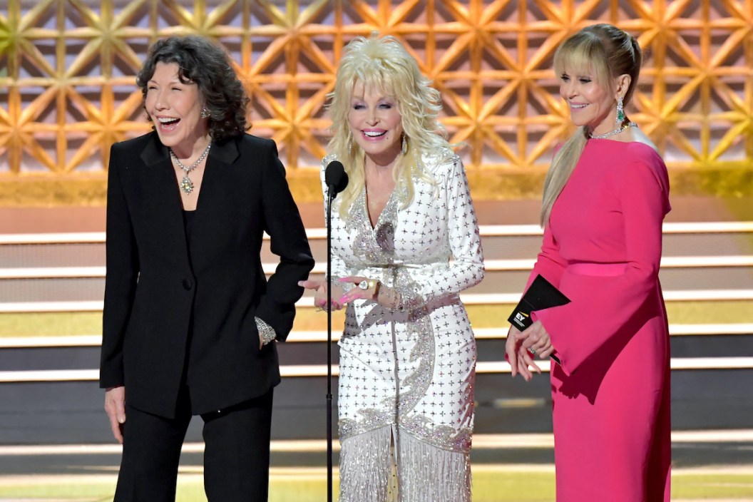 Actors Lily Tomlin, Dolly Parton, and Jane Fonda speak onstage during the 69th Annual Primetime Emmy Awards at Microsoft Theater on September 17, 2017 in Los Angeles.