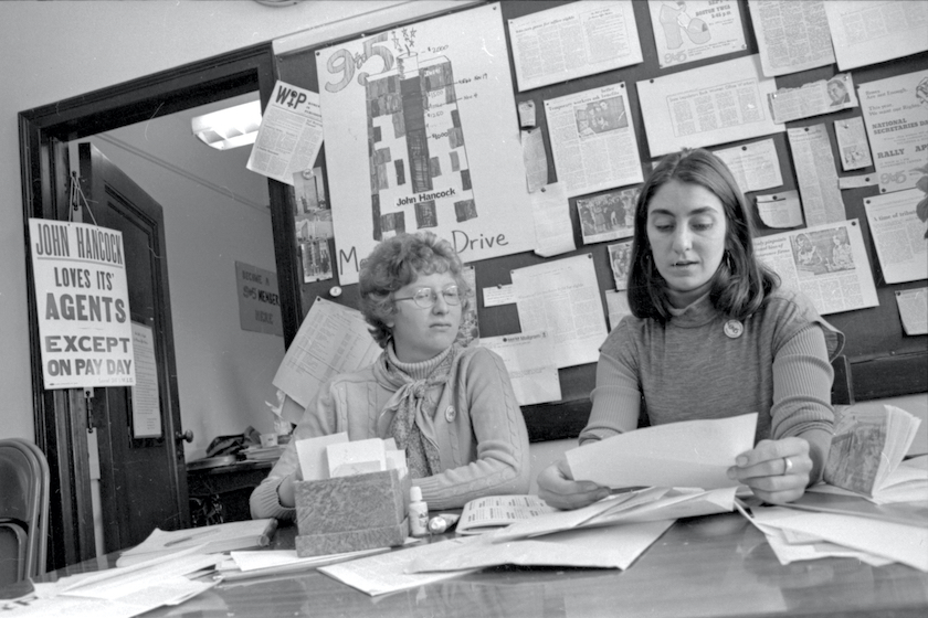 Ellen Cassidy and Karen Nussbaum, co-founders of the 9 to 5 organization for women office workers, work in their office at the Clarendon Street YMCA in Boston