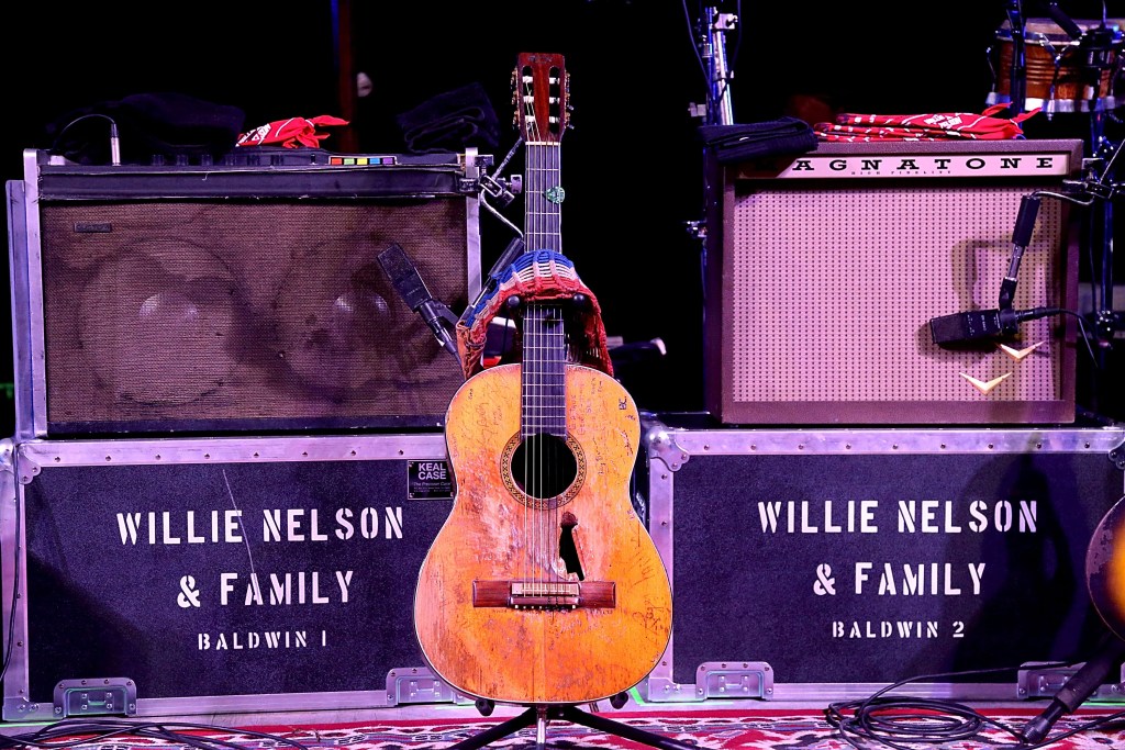 Detail view of Willie Nelson's Martin guitar "Trigger" during the Luck Welcome dinner benefitting Farm Aid on March 14, 2018 in Spicewood, Texas.