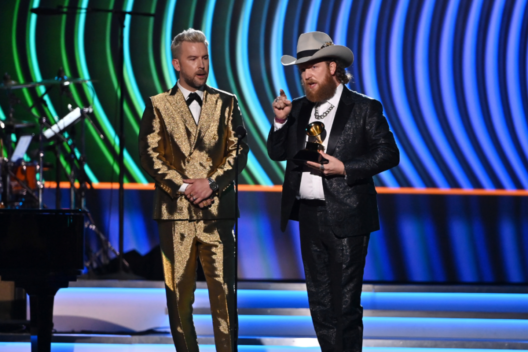 T.J. Osborne and John Osborne of Brothers Osborne accept the Best Country Duo/Group Performance award for Younger Me onstage during the 64th Annual GRAMMY Awards Premiere Ceremony at MGM Grand Marquee Ballroom on April 03, 2022 in Las Vegas, Nevada.