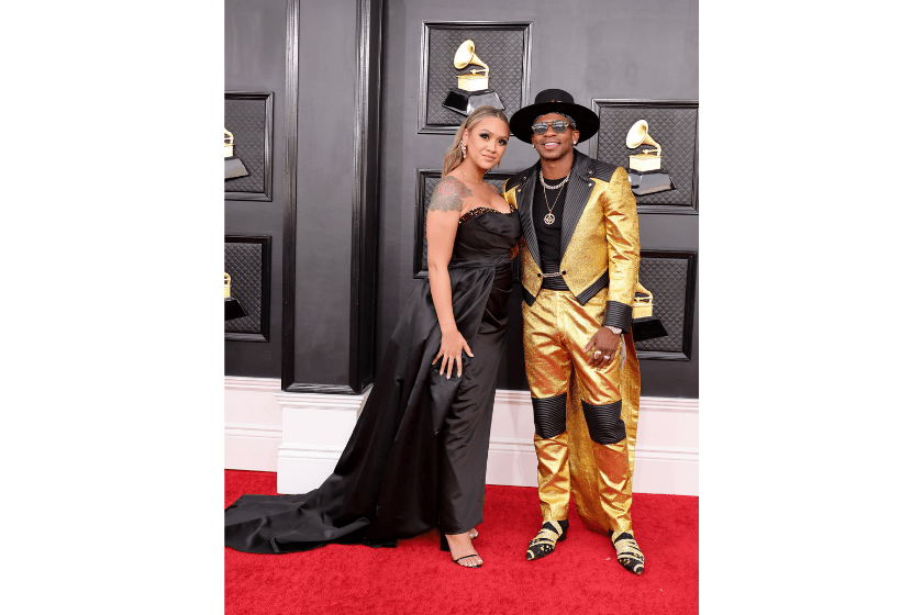 Alexis Allen and Jimmie Allen attend the 64th Annual GRAMMY Awards at MGM Grand Garden Arena
