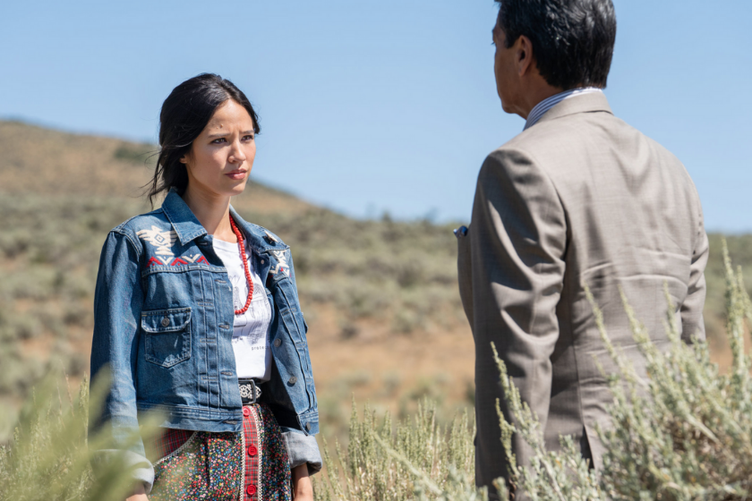 Kelsey Asbille as Monica Dutton and Gil Birmingham as Chief Rainwater in scene from 'Yellowstone'