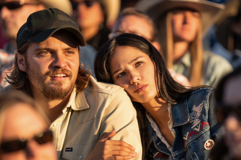 Luke Grimes as Kayce Dutton and Kelsey Asbille as Monica Dutton in scene from 'Yellowstone'