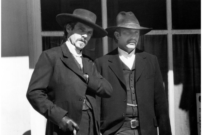 1994: Actors Dennis Quaid (left) and Kevin Costner star in the film 'Wyatt Earp'.