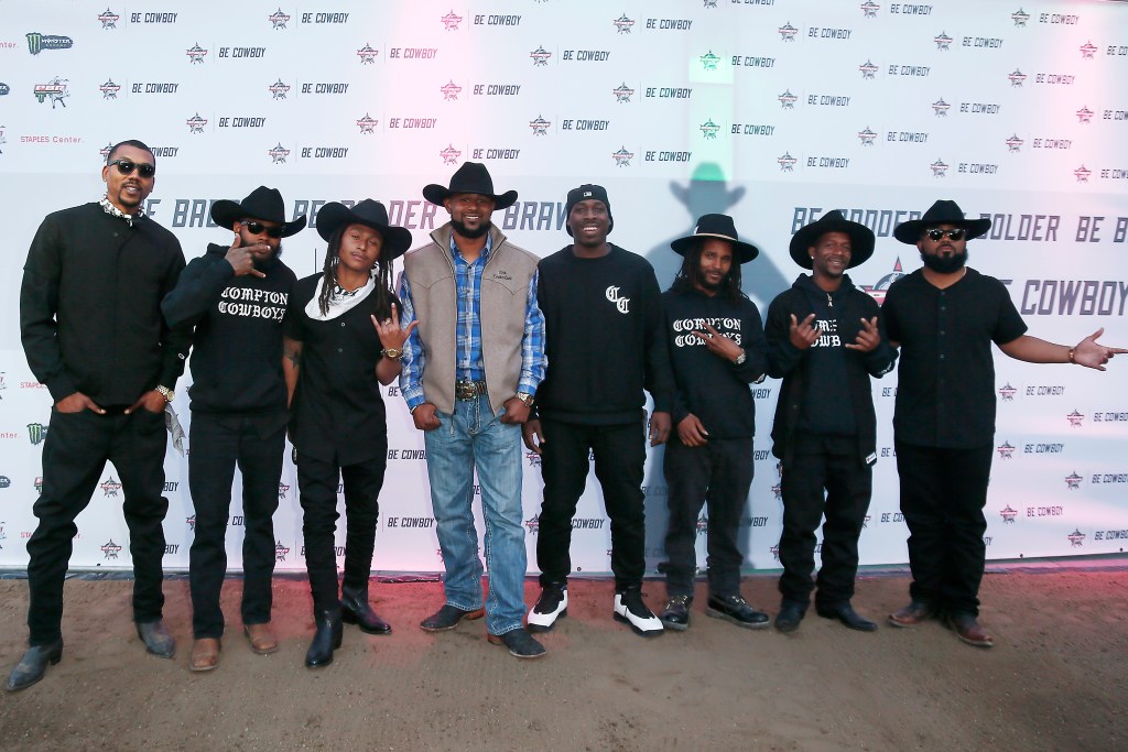 The Compton Cowboys pose on the red carpet, called the dirt carpet, prior to the Iron Cowboy during the Professional Bull Riders Iron Cowboy presented by Ariat on February 23, 2019, at the Staples Center, Los Angeles, CA. 