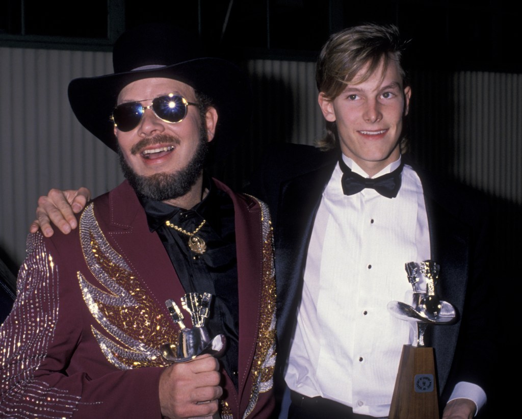 : Hank Williams Jr. and son Hank Williams III attend 24th Annual Academy of Country Music Awards on April 10, 1989 at Disney Studios in Burbank, California. 