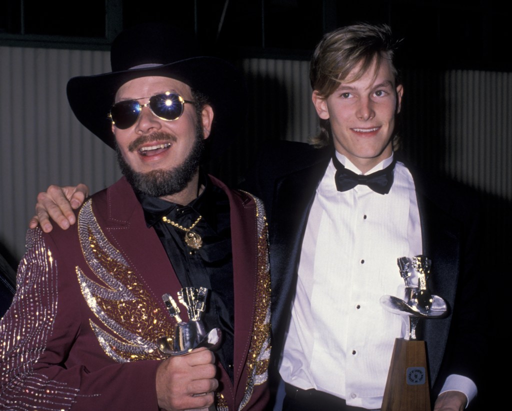 : Hank Williams Jr. and son Hank Williams III attend 24th Annual Academy of Country Music Awards on April 10, 1989 at Disney Studios in Burbank, California.
